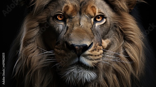  a close - up of a lion s face on a black background with a long mane and orange eyes.