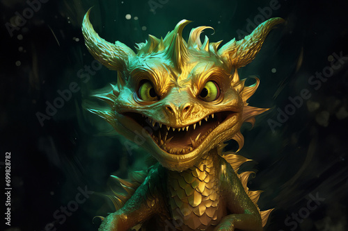 Small green-gold dragon on dark background © smilewalli