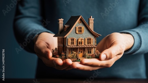 closeup of hands holding residential house real estate miniature model