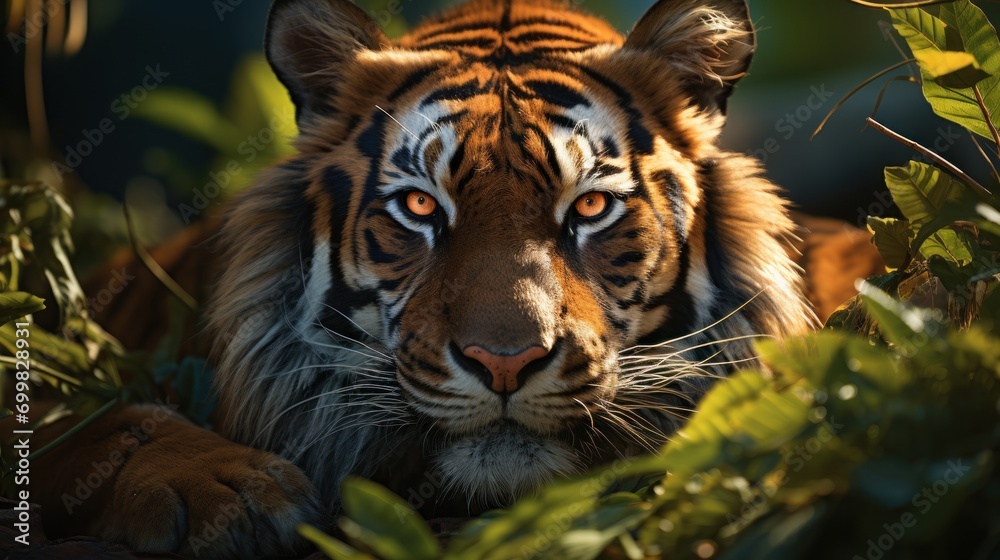  a close up of a tiger's face surrounded by green plants and leaves with a blue sky in the background.