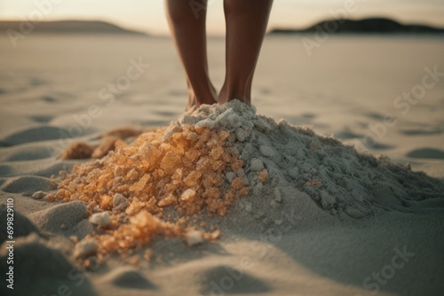 Feet stand in sand and pumice on a sandy beach with the effect of spa salon photo