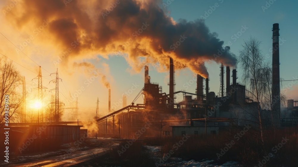 captures an industrial plant where numerous pipes are emitting harmful substances into the atmosphere