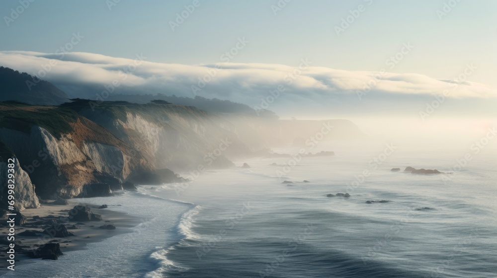  a large body of water next to a cliff on top of a cliff face with a foggy sky in the background.