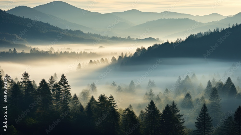  a forest filled with lots of trees on top of a lush green hillside covered in fog and low lying clouds.
