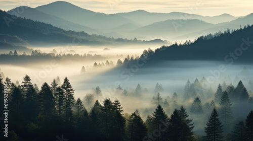  a forest filled with lots of trees on top of a lush green hillside covered in fog and low lying clouds. © Anna