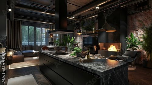 luxury studio apartment with a free layout in a loft style in dark colors © Chingiz