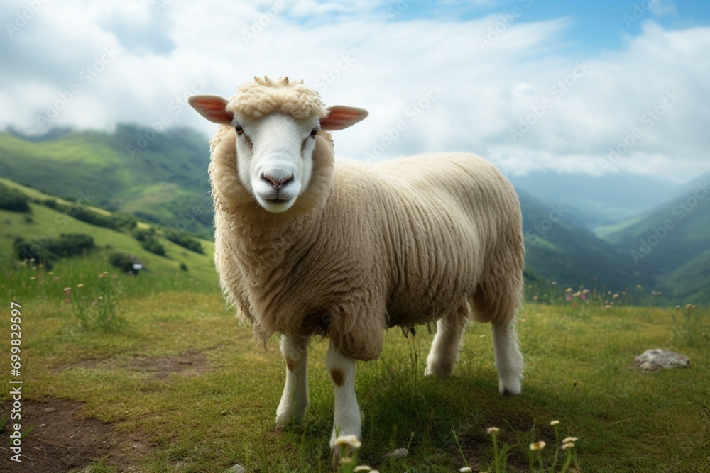 Idyllic setting Sheep happily graze on the grass of mountains.
