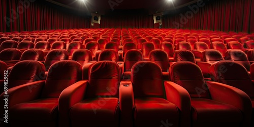 See rows of red seats in a theater! Like soldiers, they stand in perfect lines. 