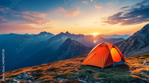 Camping in the mountains at sunset. The concept of active tourism