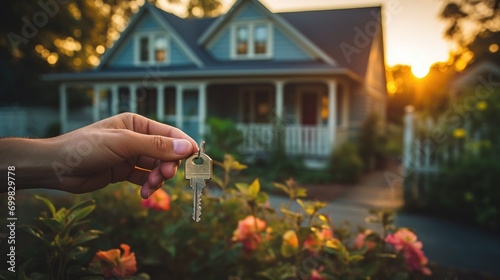 hand with keys in front of newly bought house home concept of real estate investment photo