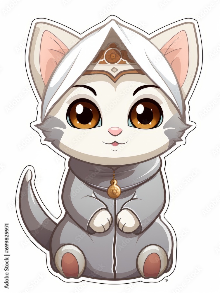 Fototapeta premium Cartoon sticker sweet kitten in Muslim clothes, AI