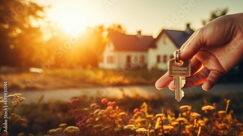 hand with keys in front of newly bought house home concept of real estate investment photo