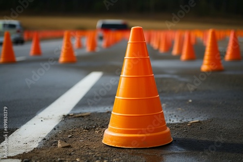 Road safety marker Orange traffic cones strategically placed along the road.