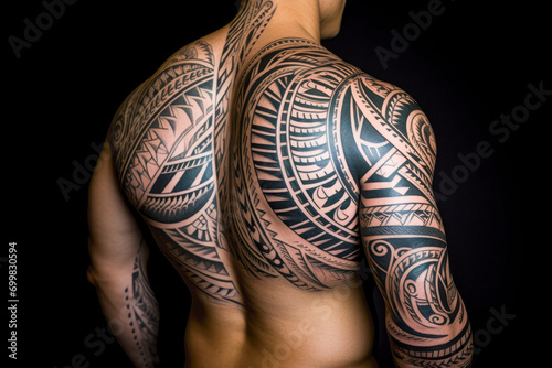 Tattooed man with a pattern on his body and a black background © mila103