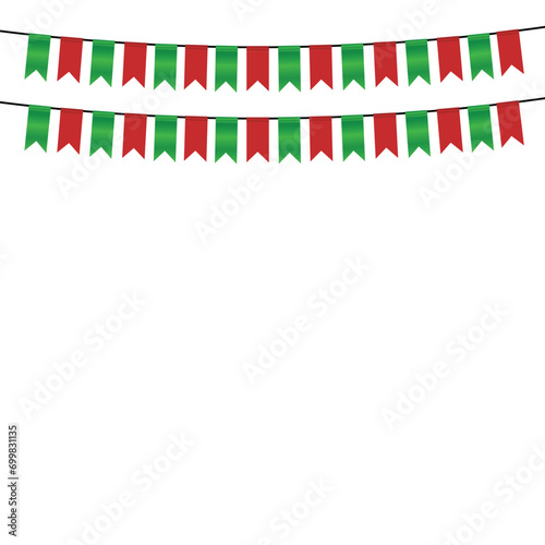 Garland of red, green flags, Vector illustration, Patriotic Celebration Background, Festive bunting flags, Holiday decorations, bunting decorations, pennant bunting banner flags