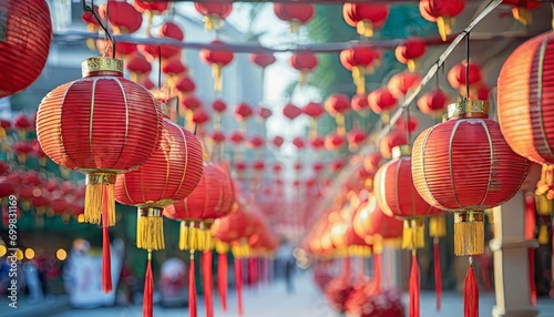 Vibrant red lanterns hanging in a peaceful Asian alley  symbolizing joy and good fortune