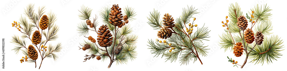 pine twigs and golden cones Hyperrealistic Highly Detailed Isolated On Transparent Background Png File