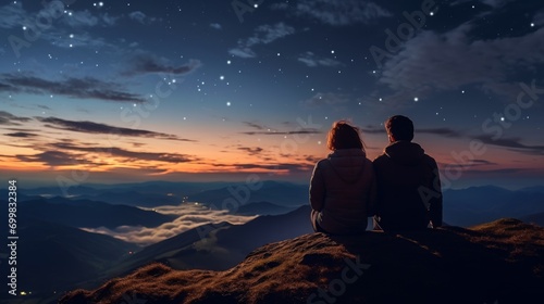 Two people  a woman and a man on top of a mountain watching the sunrise 