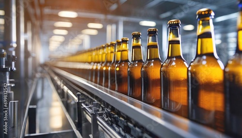 production line of brown beer bottles in a brewery, with focus on the bottles leading into the distance