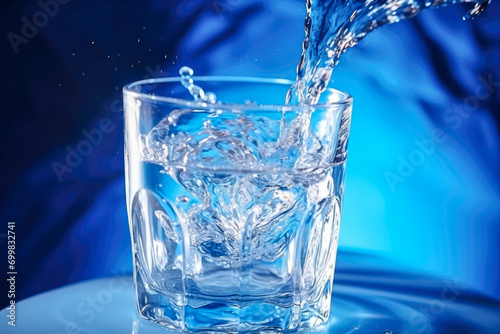Water pouring into a glass on blue background. Blue color toned