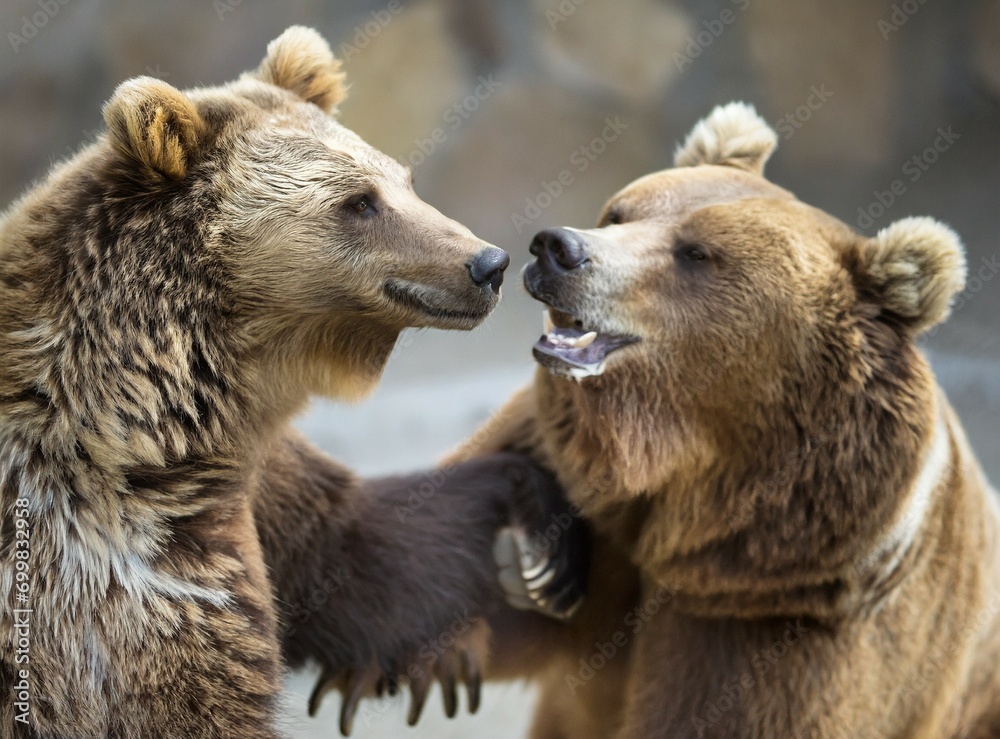 Obraz premium Cute/lovely wild grizzly brown bears hugging each other in the snow, winter scene in the wild.