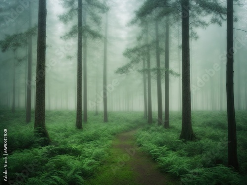 Foggy Overcast Green Forest: Tranquil Arboreal Symphony in Mist.