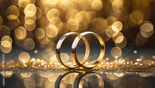 Wedding Rings and Champagne Glasses with Golden Bokeh