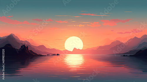 Sunset on the sea and mountains, PPT background © bao