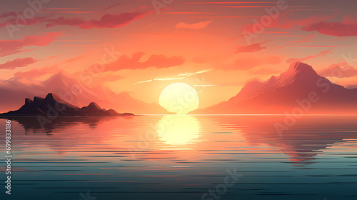 Sunset on the sea and mountains, PPT background © bao