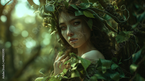 Ethereal woman with a leafy crown in a mystical forest