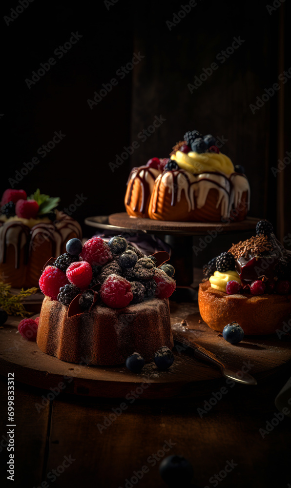 An amazing photo of cakes still life cinematiclight. A table topped with cakes covered in frosting and berries