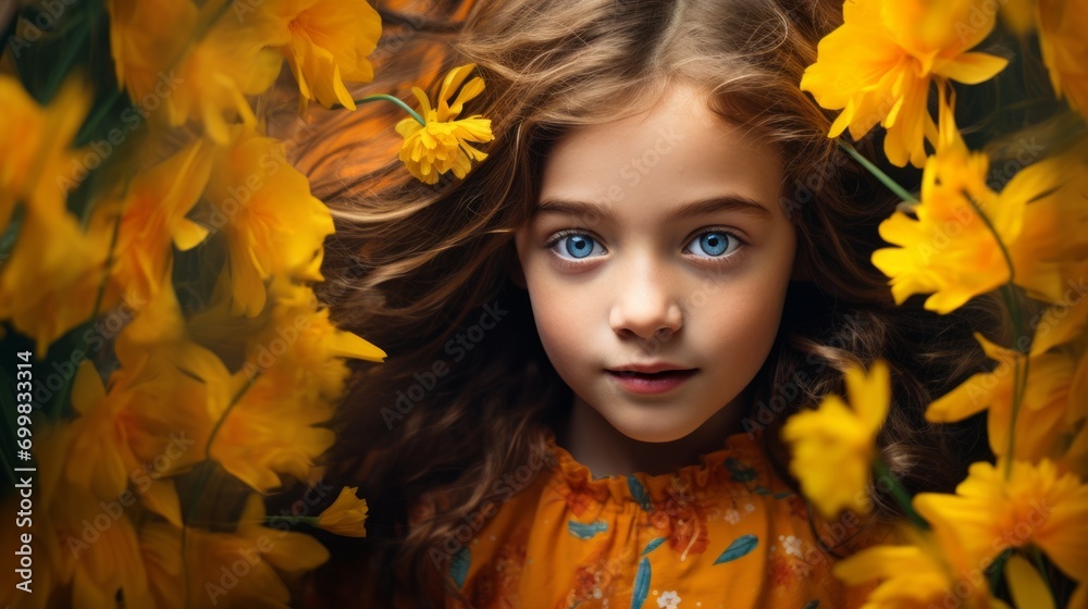 Generative AI image of a closeup shot of a beautiful girl with yellow flowers from all sides
