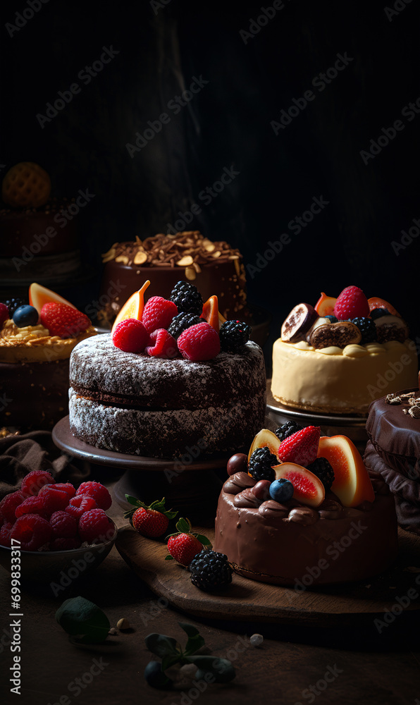An amazing photo of cakes still life cinematiclight. A table topped with cakes covered in frosting and fruit