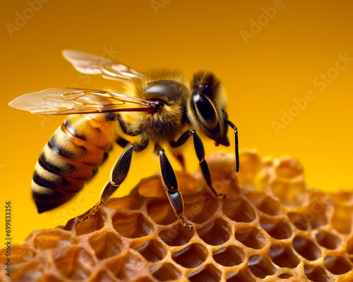 Bee are working on honeycomb. A close up of a bee on a honeycomb © Vadim