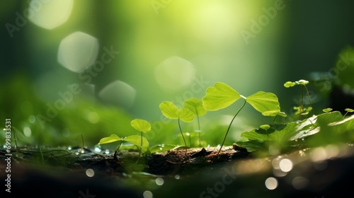 Generative AI image of a micro shot of green plants in the forest with water drops