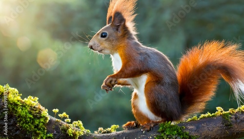 A vivid image of a red squirrel perched alertly on a tree branch amidst the vibrant greenery of a forest