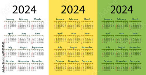 Year 2024 white, yellow and green calendar template vector illustration. week starts sunday. photo