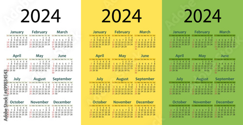 Year 2024 white, yellow and green calendar template vector illustration. week starts sunday.
