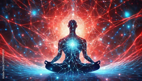 Silhouette in meditation reaches nirvana, surrounded by an aura and illuminated chakras, symbolizing consciousness, spiritual energy, and mental health photo