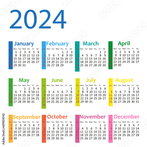 Year 2024 colorful calendar template vector illustration. isolated on white background. week starts sunday.