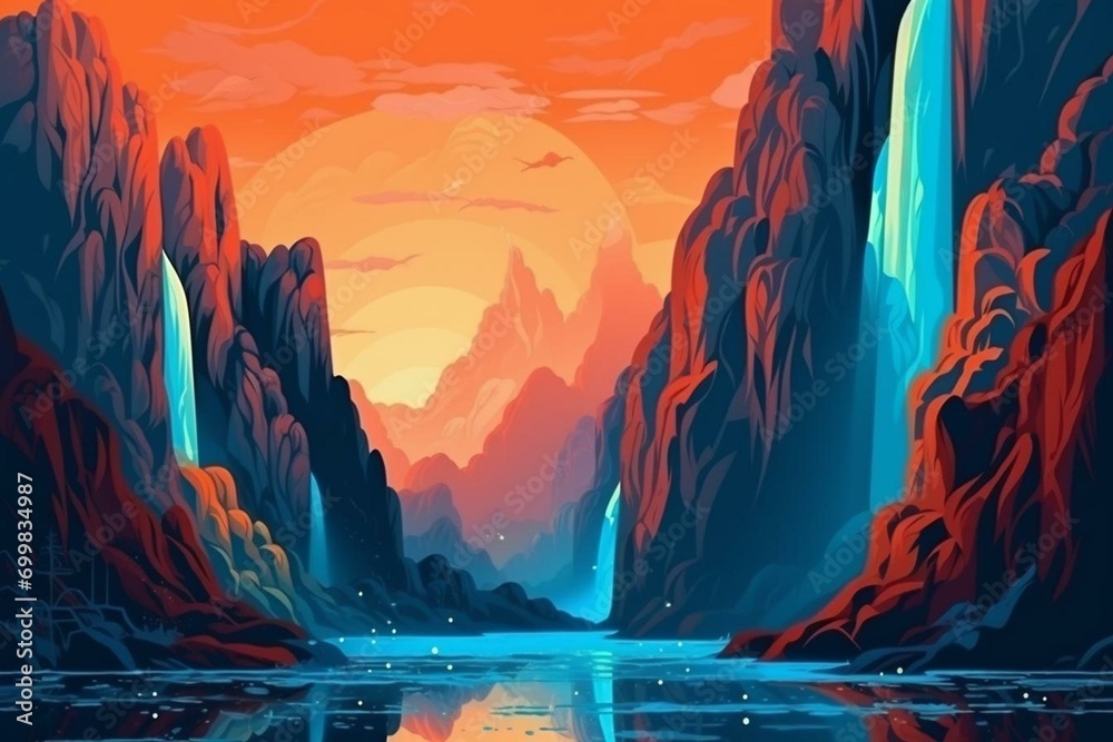 abstract background image, beautiful illustrastion, waterfall, mountains, glacier. Generative AI