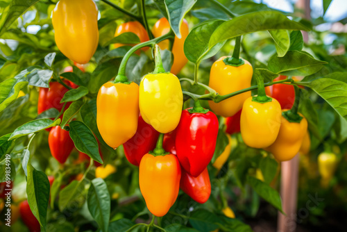 Colorful bell peppers growing in a greenhouse. Selective focus.