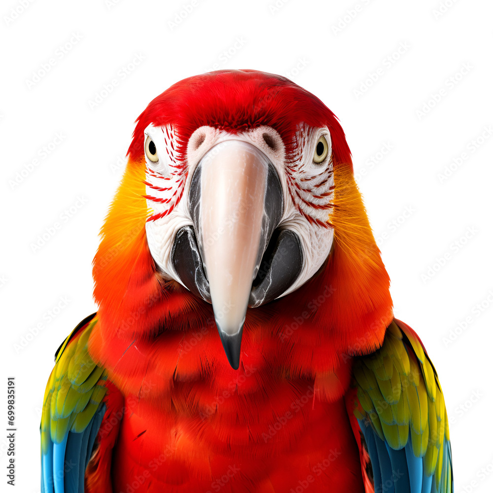 Fototapeta premium Close up image of a half body macaw bird, Isolated on Transparent Background, PNG
