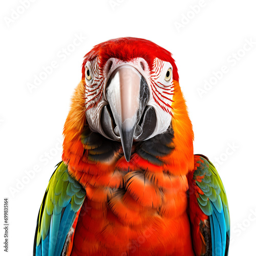 Close up perspective of a half body macaw bird, Isolated on Transparent Background, PNG photo