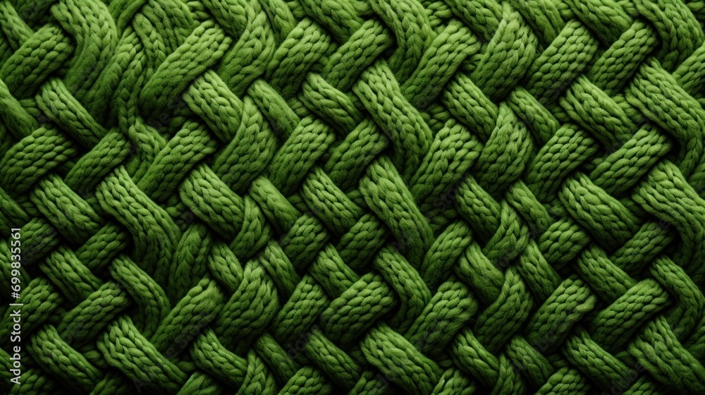  a close up view of a green knitted fabric with a braiding pattern on the side of the fabric. - obrazy, fototapety, plakaty 