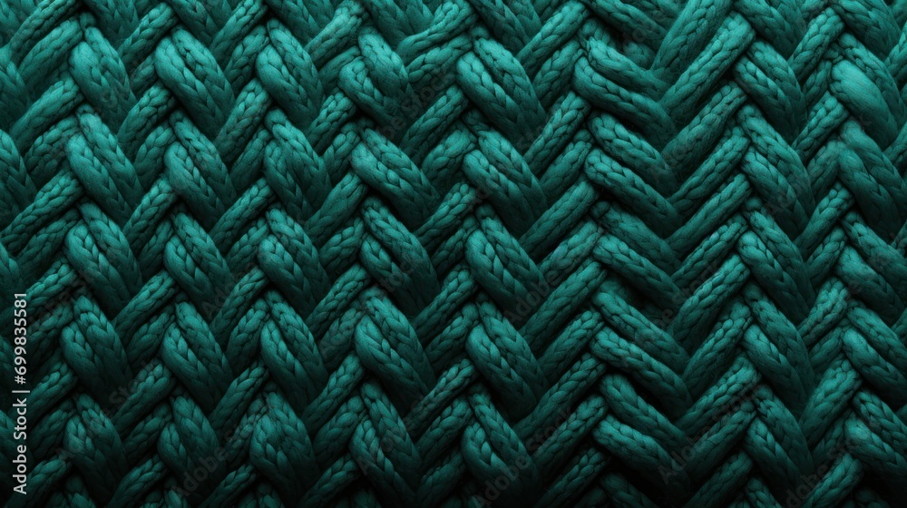  a close up view of a green knitted fabric with a very large braiding pattern on the side of it. - obrazy, fototapety, plakaty 