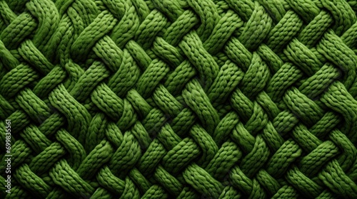  a close up view of a green knitted fabric with a braiding pattern on the side of the fabric. photo