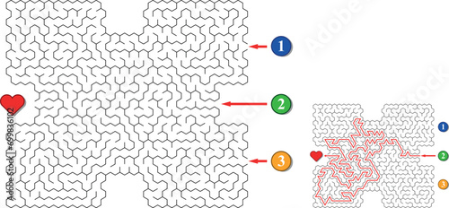 Search for love maze. Labyrinth with three entrances. Find the right way and reach the red heart. Mental educational game template with clue. Vector illustration