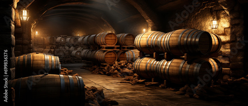 Old wooden barrels in dark wine cellar, panoramic view. Vintage brown oak casks inside storage of winery. Concept of vineyard, viticulture, production, wood, underground, warehouse