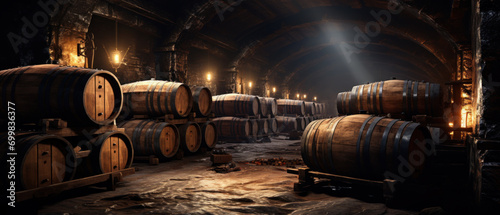 Panorama of dark wine cellar with old wooden barrels, vintage brown oak casks in storage of winery. Concept of vineyard, viticulture, production, wood, underground, warehouse photo